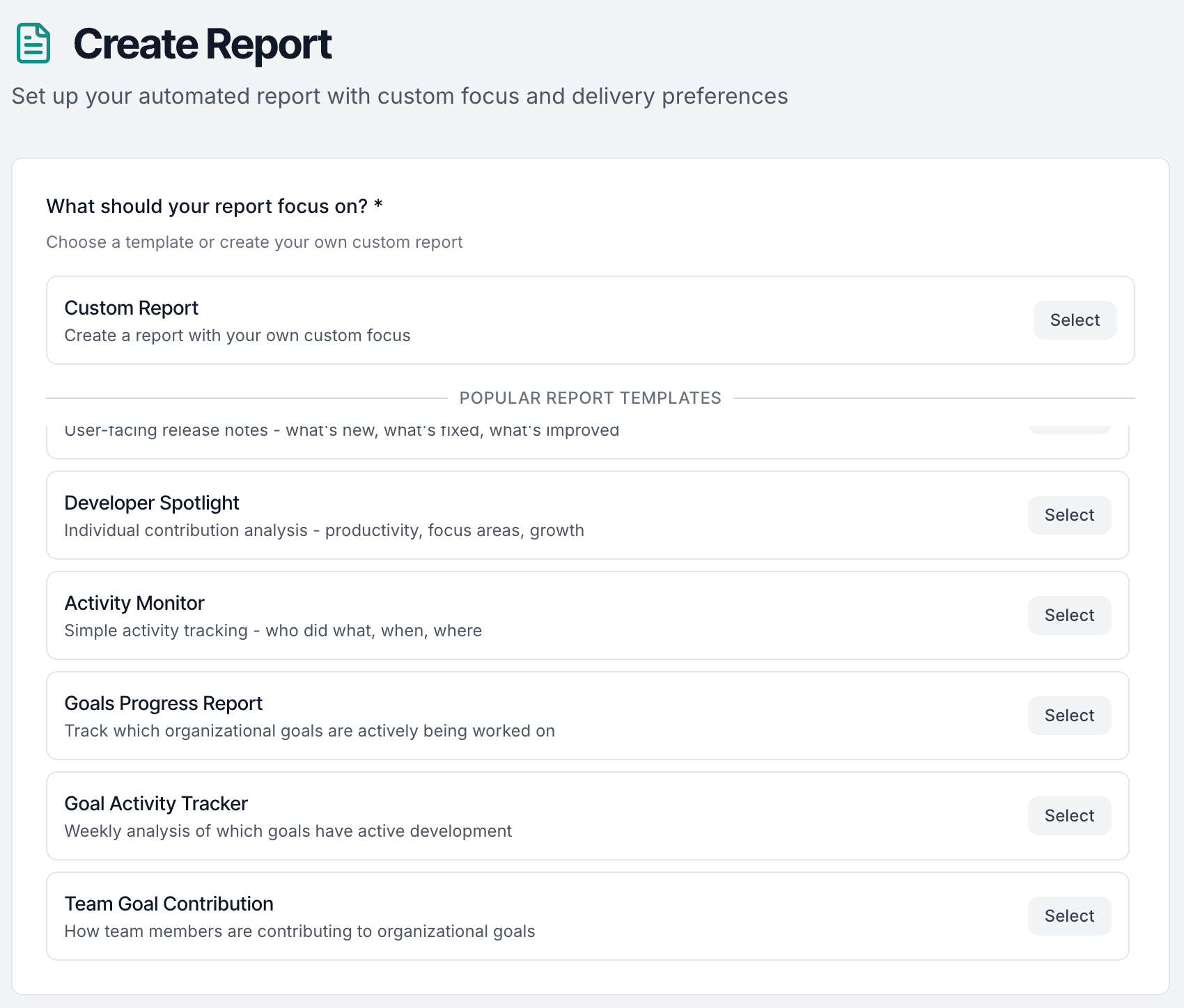 Report creation interface with template options