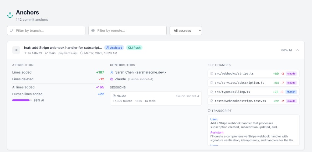 Expanded anchor showing attribution, sessions, file changes, and transcript