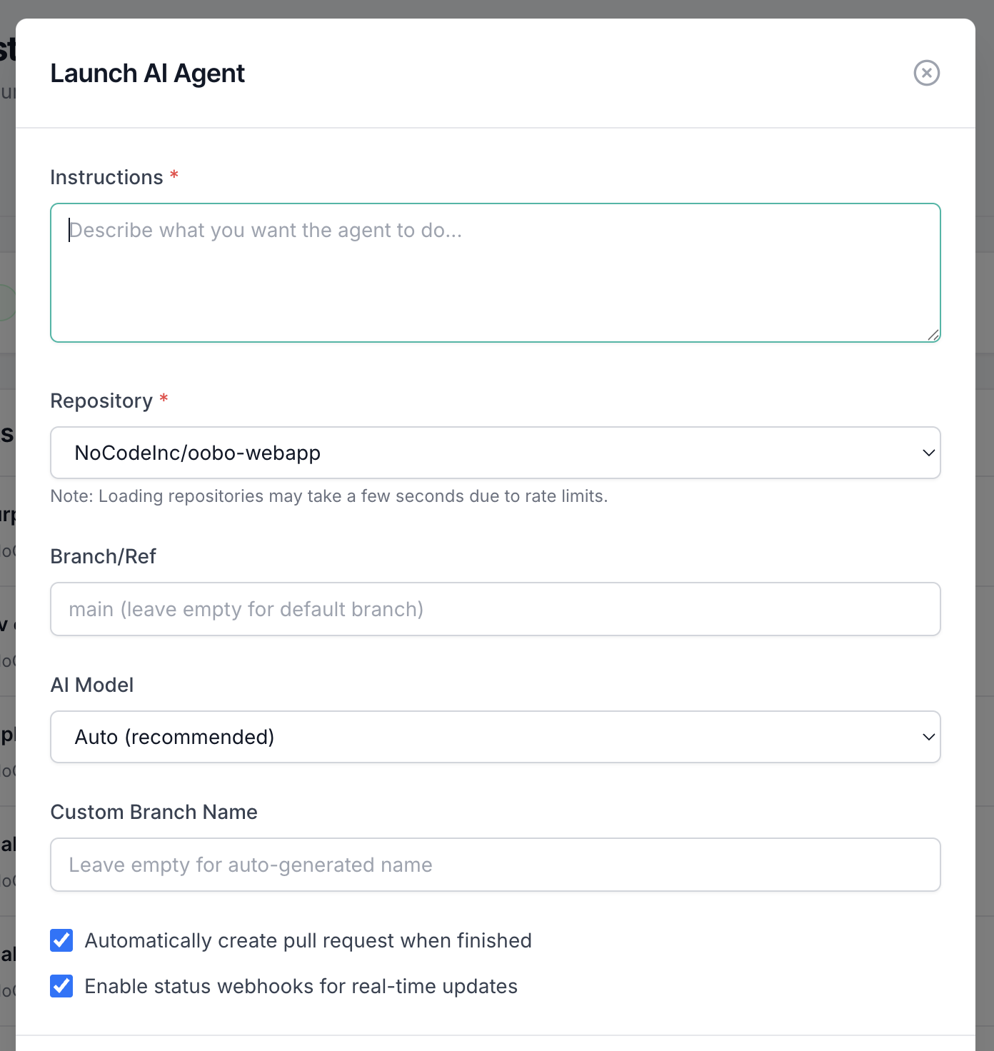Agent launch configuration interface