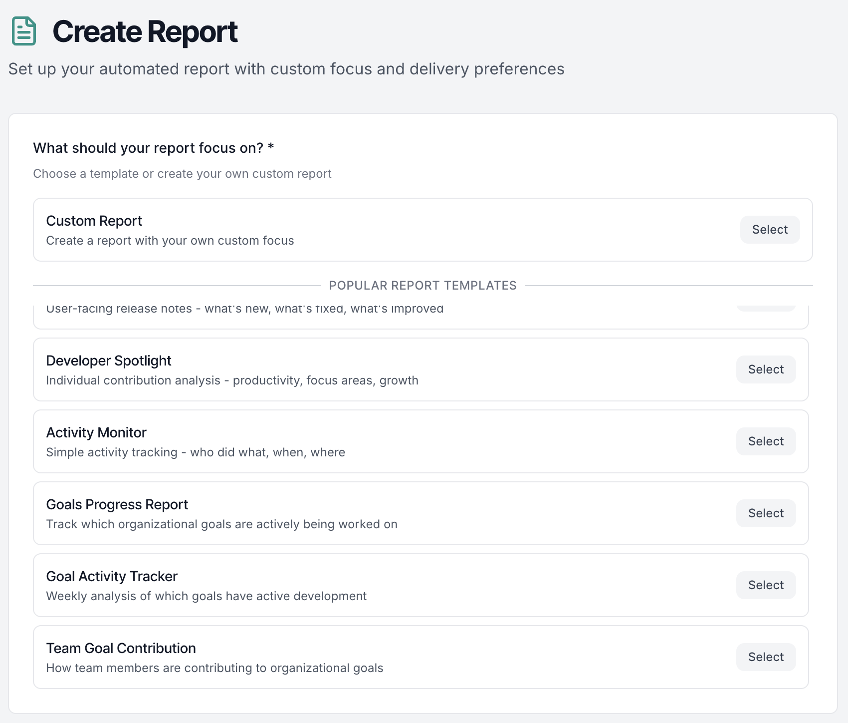 Report creation interface with template options